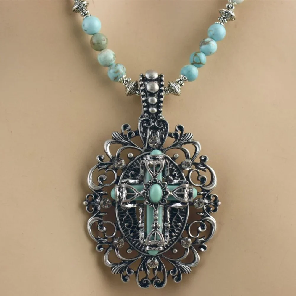 Turquoise Ornate Design Cross Necklace